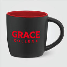 Load image into Gallery viewer, 12 oz.  Grace College Matte Black Ceramic Mug, Black and Red