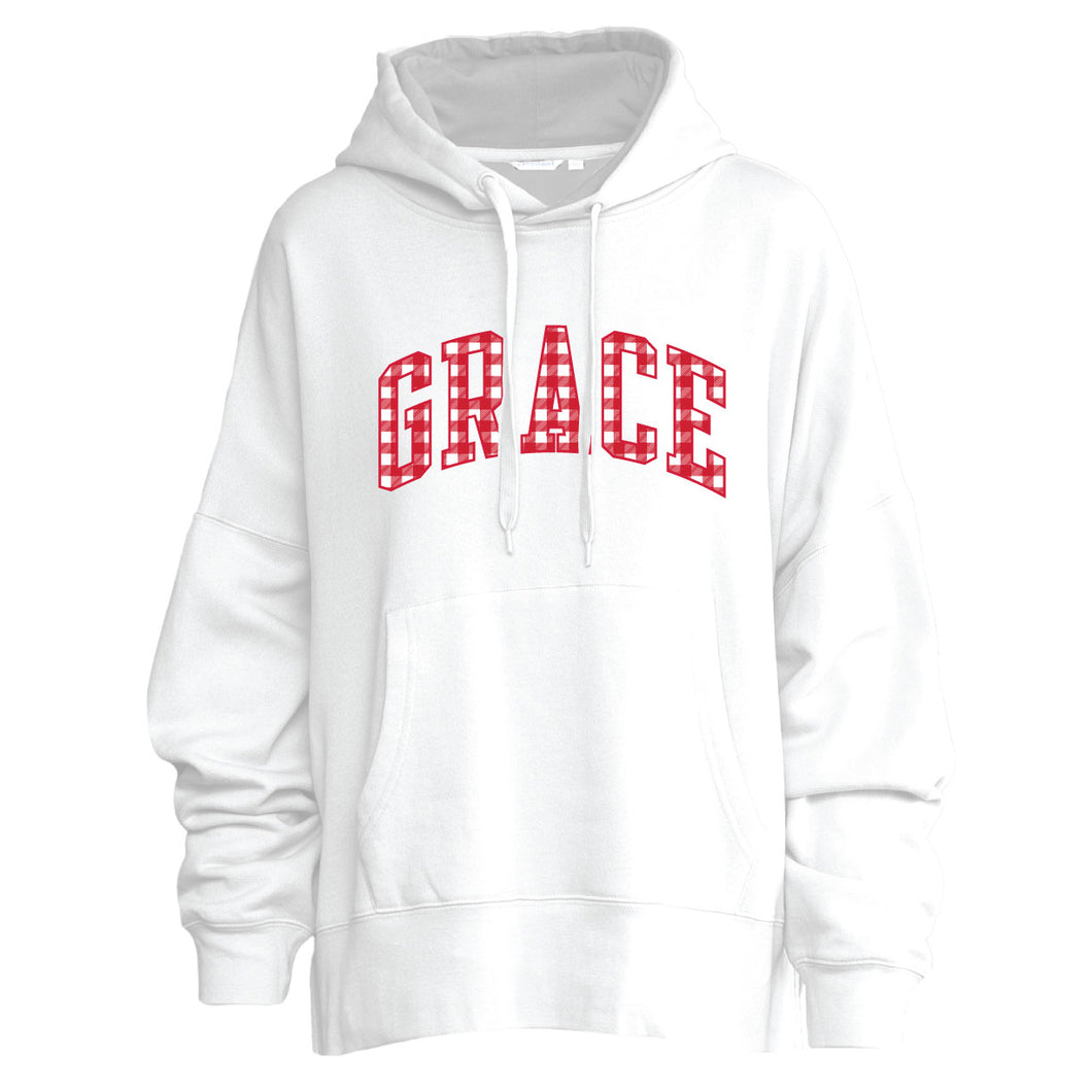 Ladies Red Gingham Grace Applique Hood, White