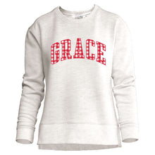 Load image into Gallery viewer, Ladies Red Gingham Applique Grace Crewneck, Oatmeal Heather