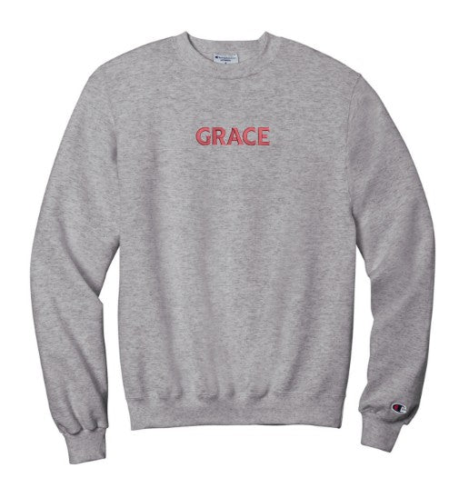 Embroidered Grace Champion Crewneck, Silver Gray