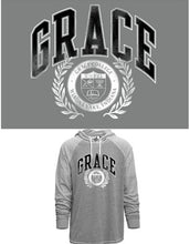Load image into Gallery viewer, Grace College Vintage Style Emblem Long Sleeve with Hood, Oxford