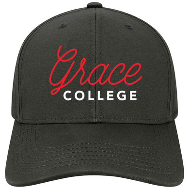 Grace College Snapback, Black with Red/White Embroidered Script