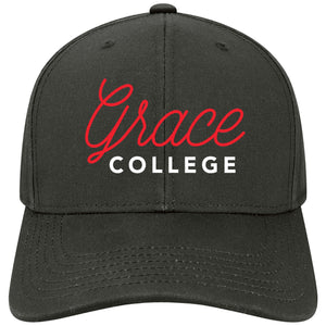 Grace College Snapback, Black with Red/White Embroidered Script