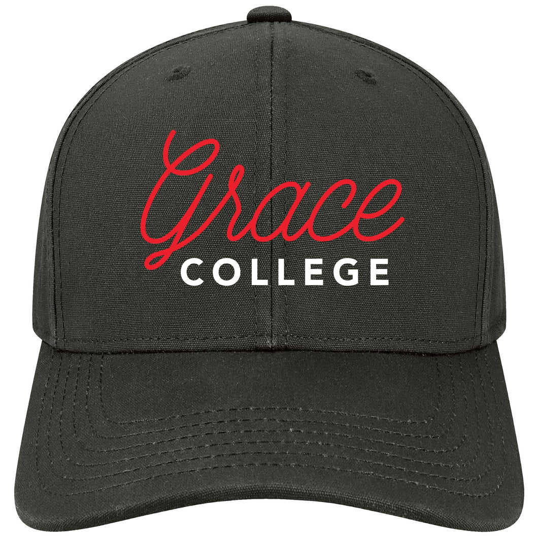 Grace College Snapback, Black with Red/White Embroidered Script