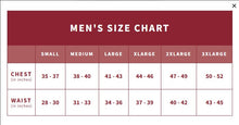 Load image into Gallery viewer, Men's size chart for clothing with chest and waist measurements.