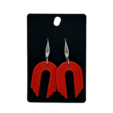 Clay Triple Arch Dangle Earrings, Sparkly Red