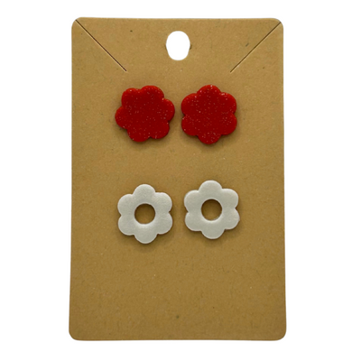 Clay Flower Stud Earrings, Red & White