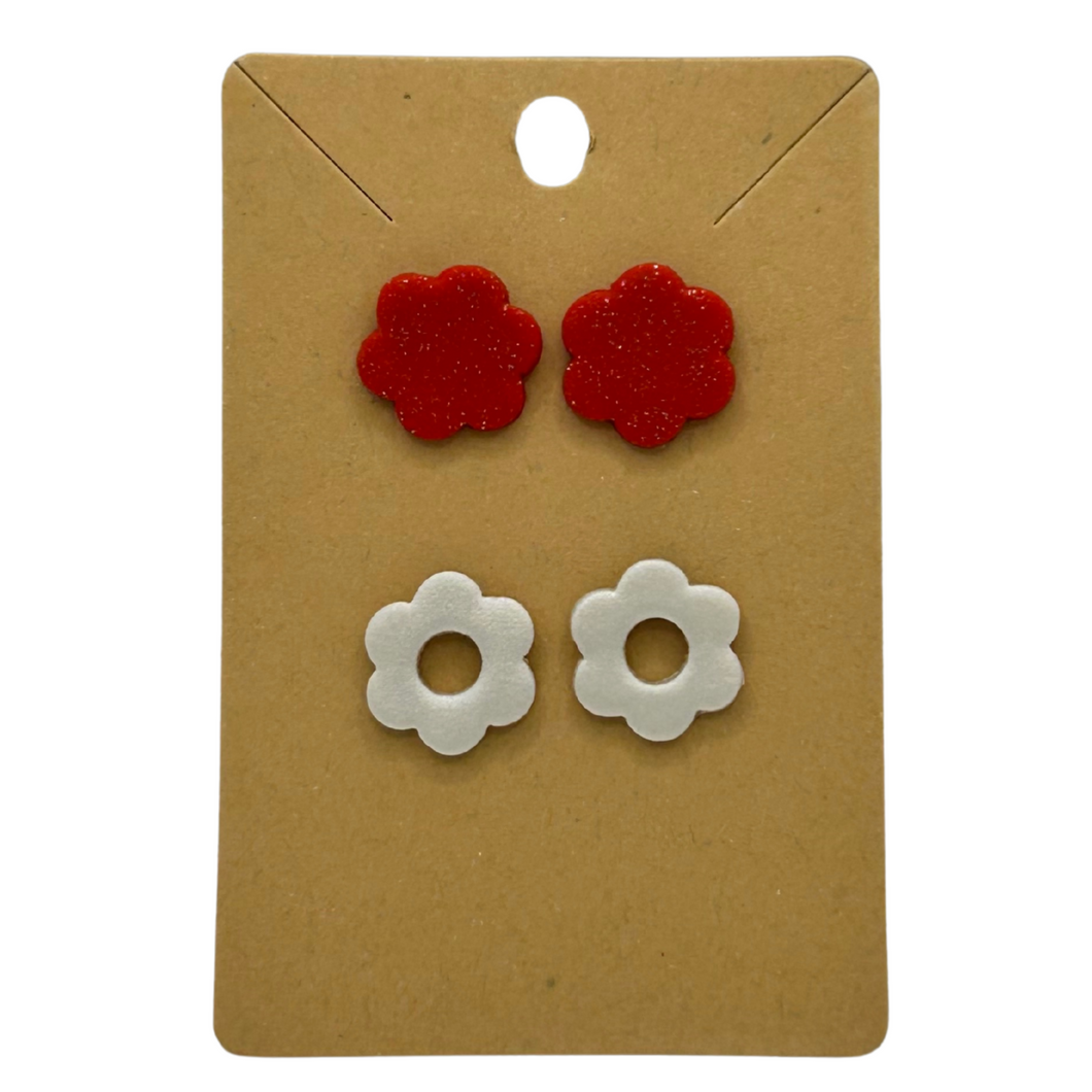 Clay Flower Stud Earrings, Red & White