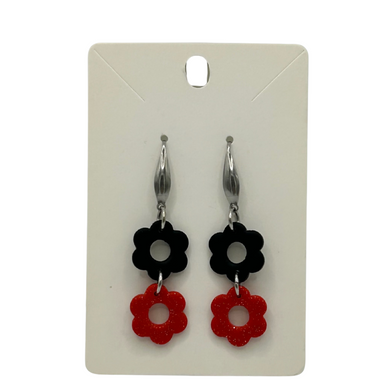 Clay Connecting Flower Dangle Earrings, Black & Red
